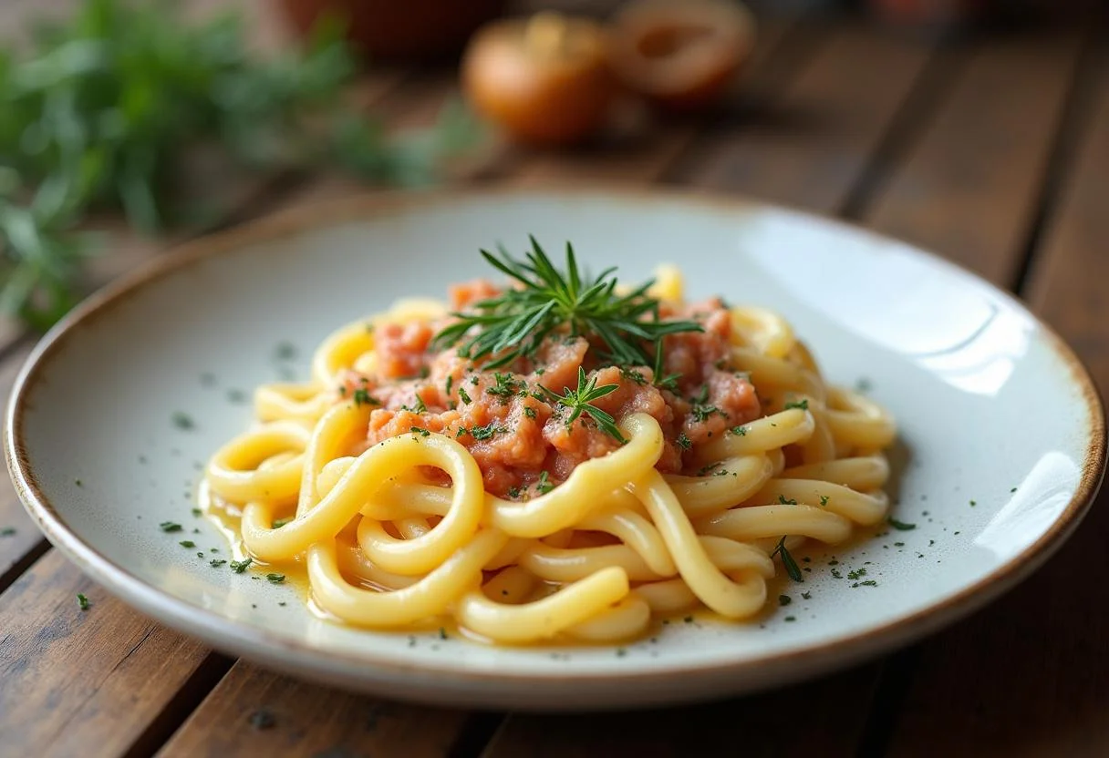 Delicious Schnelle Lachs Nudeln mit Sahnesoße, served beautifully for a delightful meal.