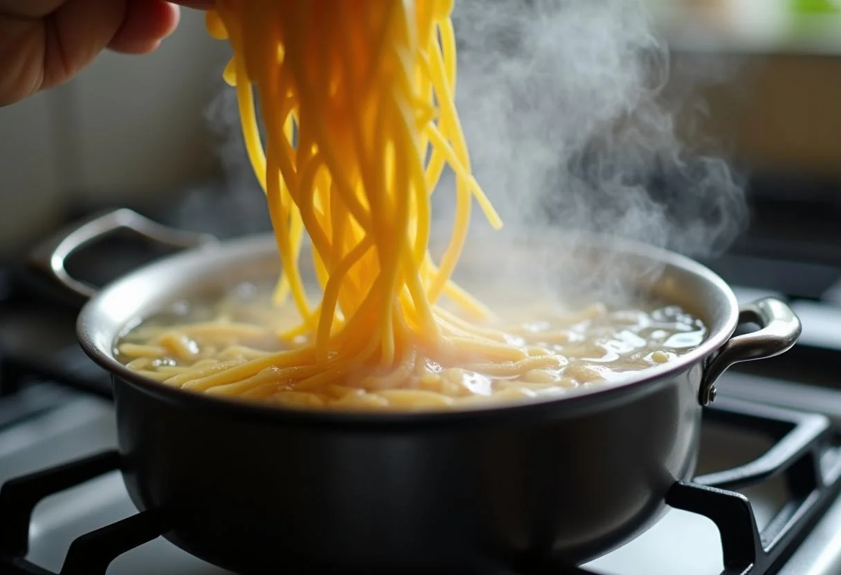 Pasta being cooked in boiling water for the rezept lachs nudeln preparation.
