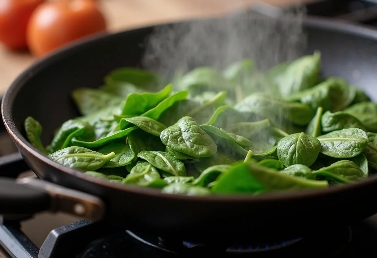 Sautéing fresh spinach for spinat lachs nudeln in a skillet for delicious flavor enhancement.