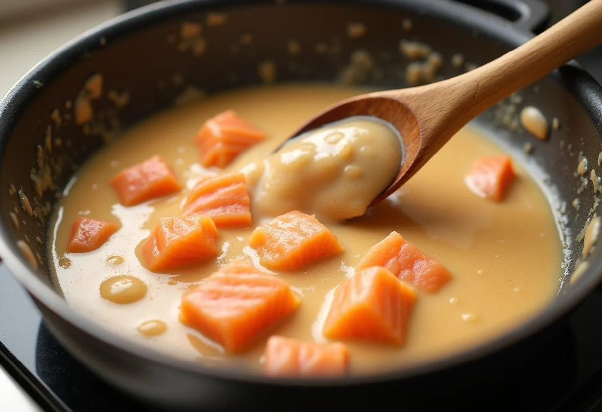 Creamy sauce being prepared for the lachs nudeln spinat recipe with salmon incorporated.