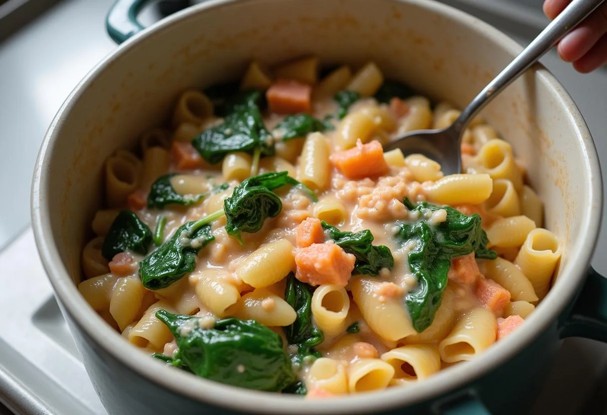 Combining pasta, spinach, and creamy salmon sauce for delicious Schnelle Lachs Nudeln mit Sahnesoße.