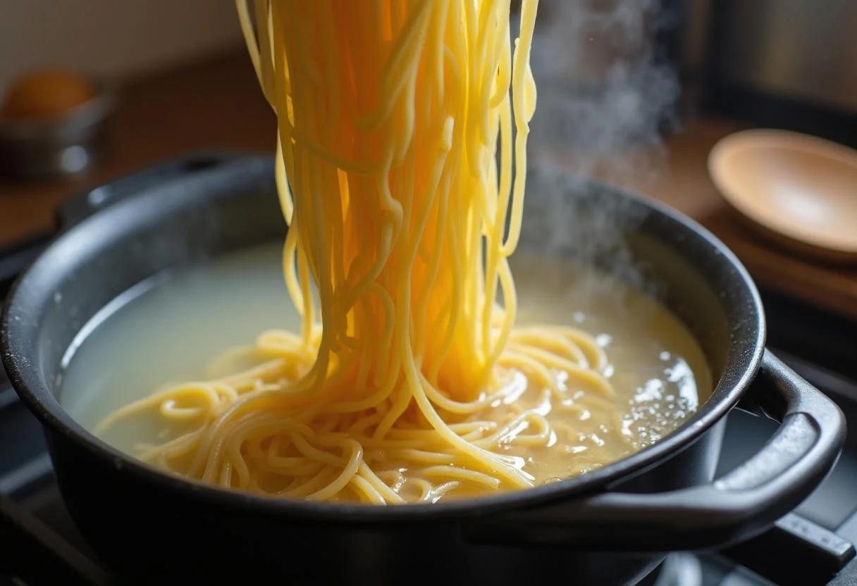 Uncooked pasta being prepared for schnelle Lachs Spinat Nudeln in boiling water.
