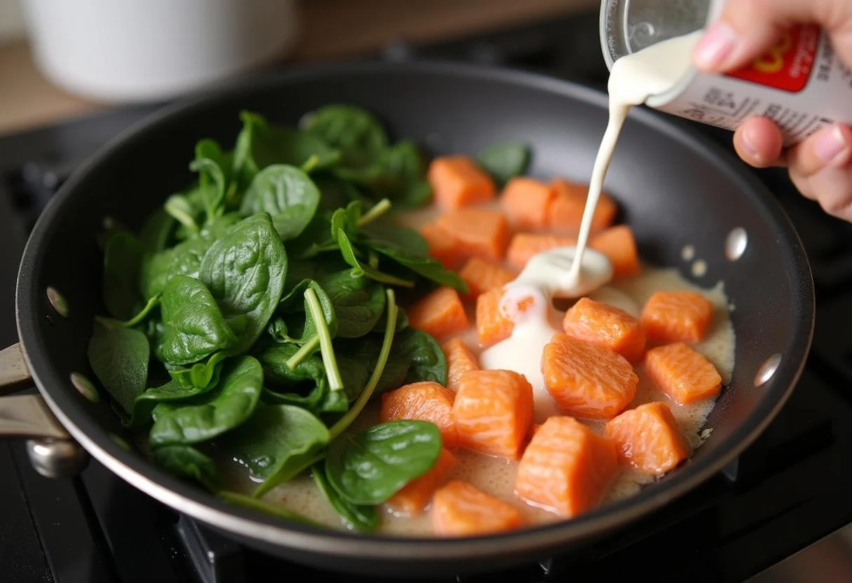 Fresh spinach and cooked salmon being combined with cream for schnelle Lachs Spinat Nudeln sauce.