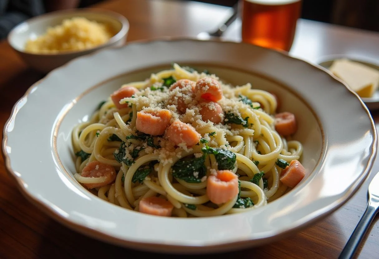 Pasta mixed with salmon and spinach sauce for schnelle Lachs Spinat Nudeln dish.