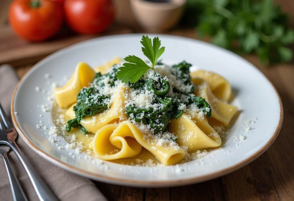 Finished Nudeln mit Spinat with spinach and garlic, perfect for a quick meal.