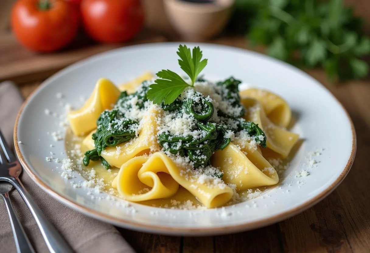 Finished Nudeln mit Spinat with spinach and garlic, perfect for a quick meal.