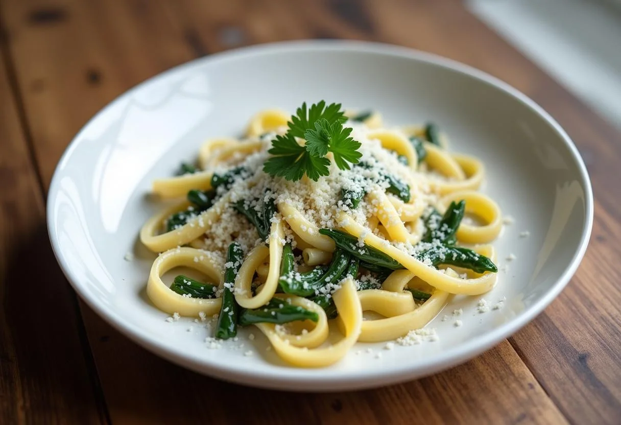 Fertige Nudeln mit Spinat und Knoblauch, perfekt für eine schnelle Mahlzeit.