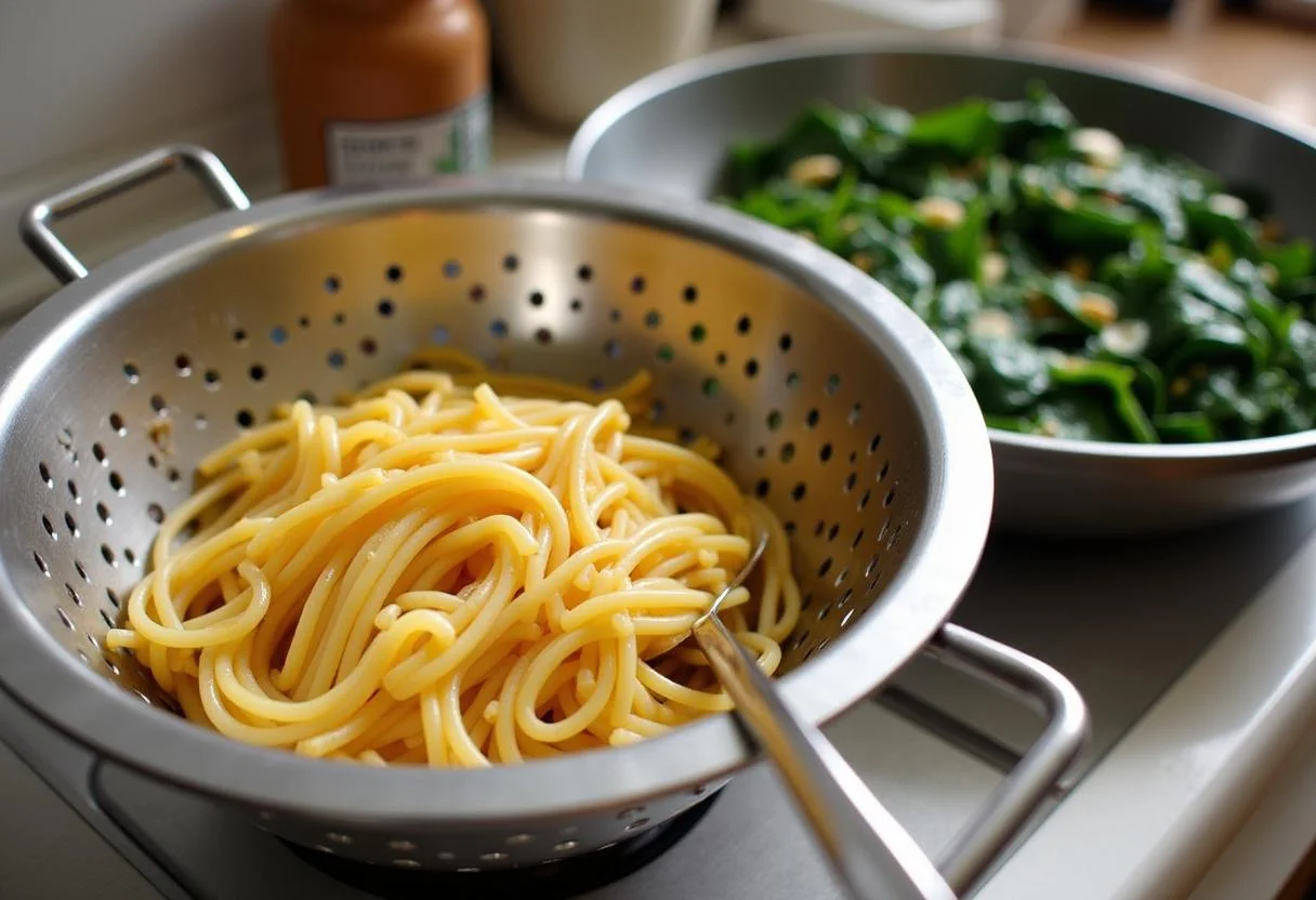 Abgießen der gekochten Spaghetti während der Zubereitung von Nudeln mit Spinat mit angebratenem Knoblauch und Spinat.