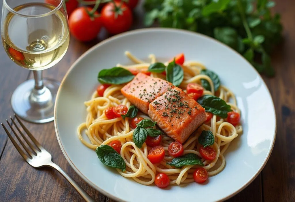 Finished pasta mit lachs und spinat elegantly presented with salmon, perfect for a delightful meal.