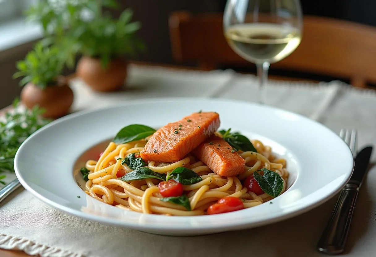 Finished pasta mit lachs und spinat elegantly presented with salmon, perfect for a delightful meal.