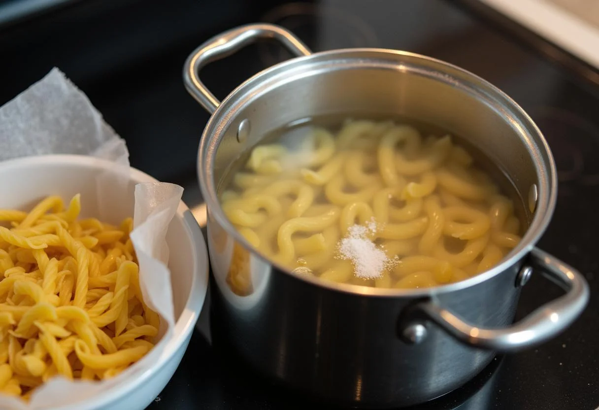 Pasta being boiled in water for pasta mit lachs und spinat recipe.