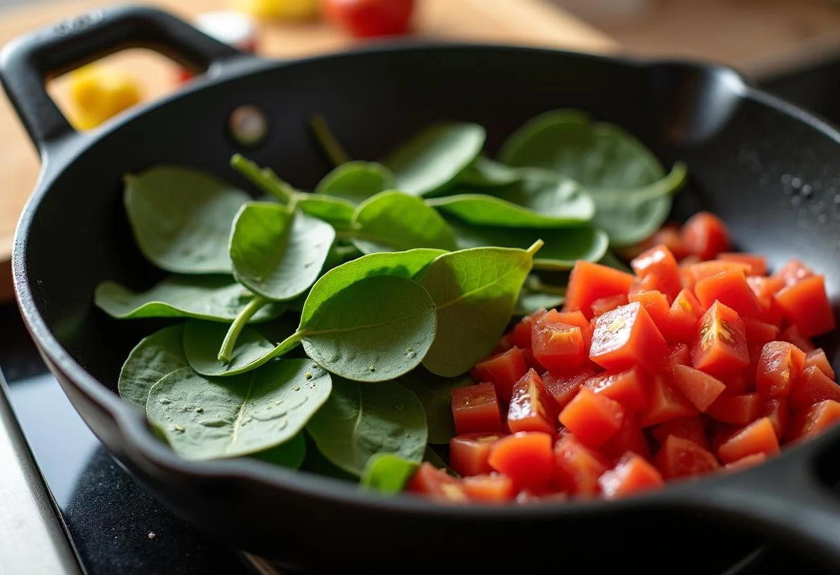 Olive oil heating in a skillet for cooking spinach and tomatoes in pasta lachs spinat.