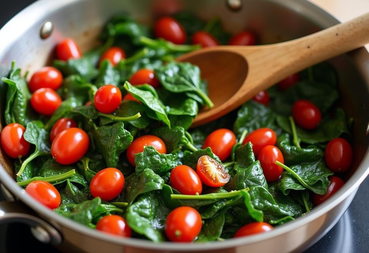 Sautéed spinach and tomatoes in a skillet for quick pasta mit lachs und spinat dish.
