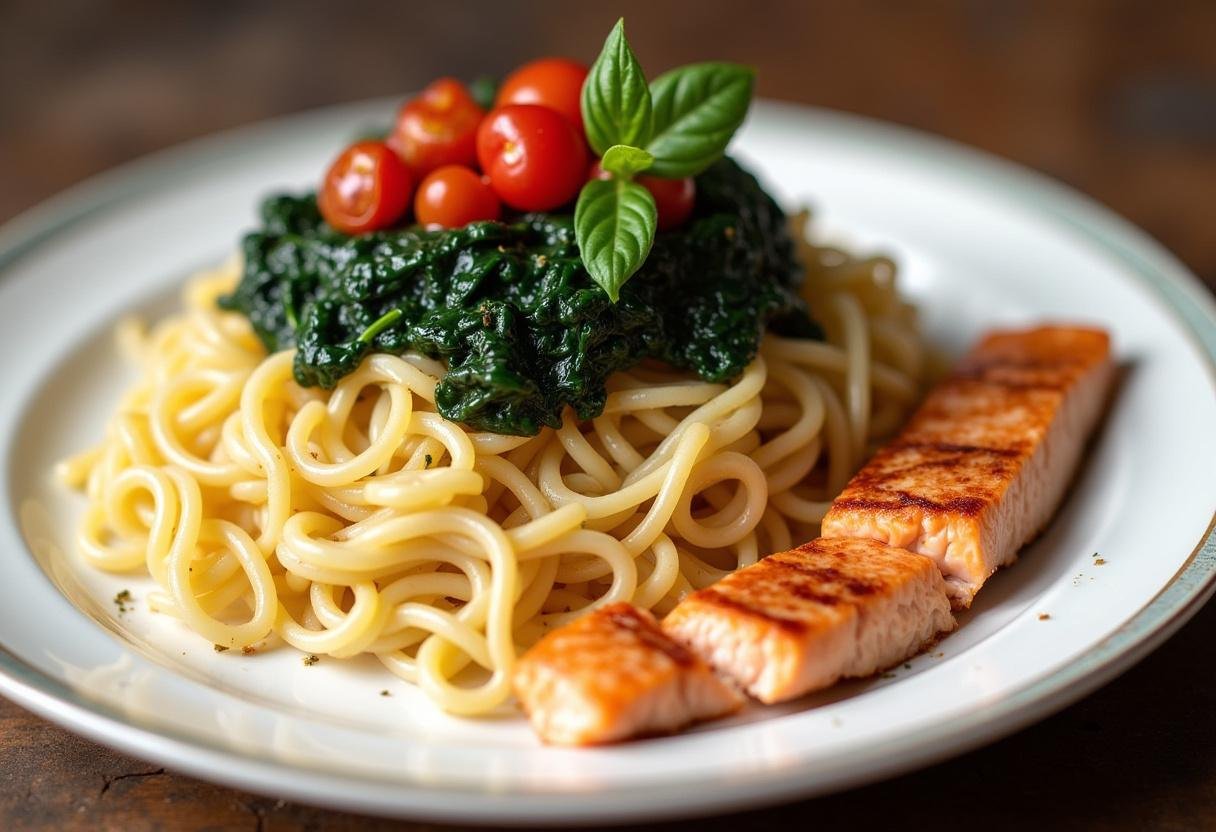 Cooked pasta mit lachs und spinat assembled on a plate, ready to savor.