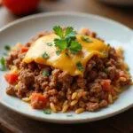 Fertiges Gericht mit Reis Hackfleisch, perfekt angerichtet für eine Mahlzeit.