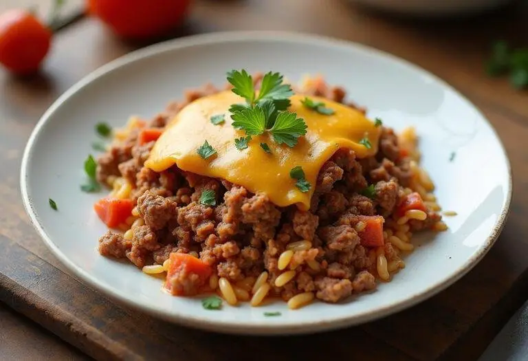 Fertiges Gericht mit Reis Hackfleisch, perfekt angerichtet für eine Mahlzeit.