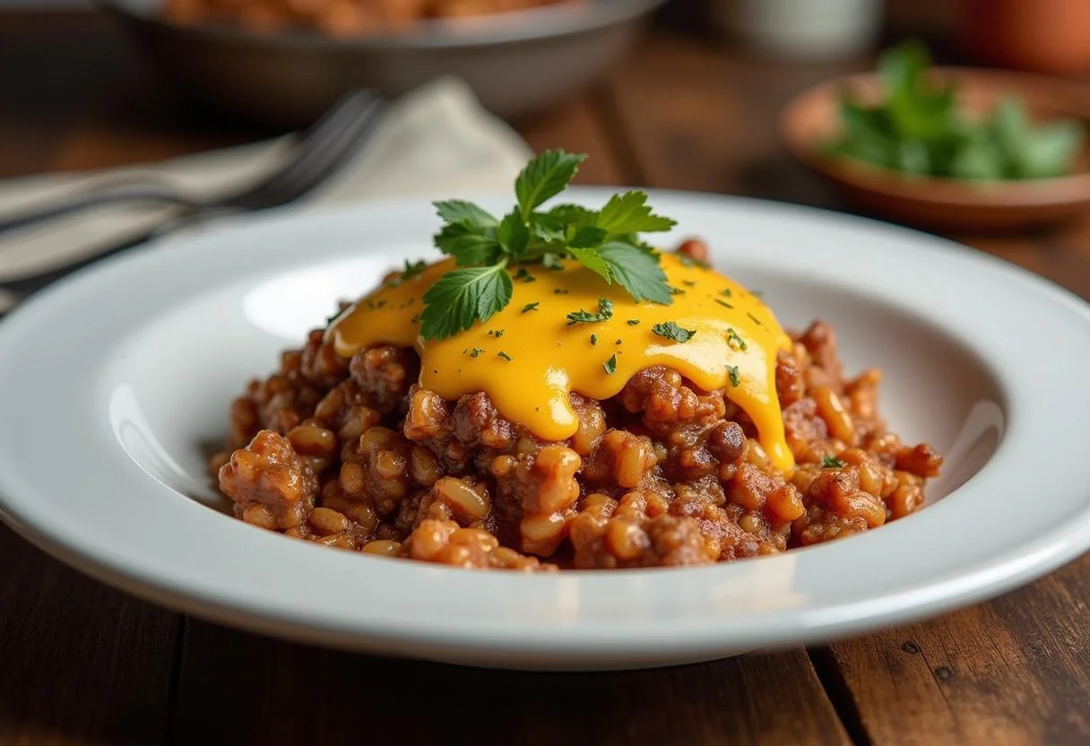 Fertiges Gericht mit Reis Hackfleisch, perfekt angerichtet für eine Mahlzeit.