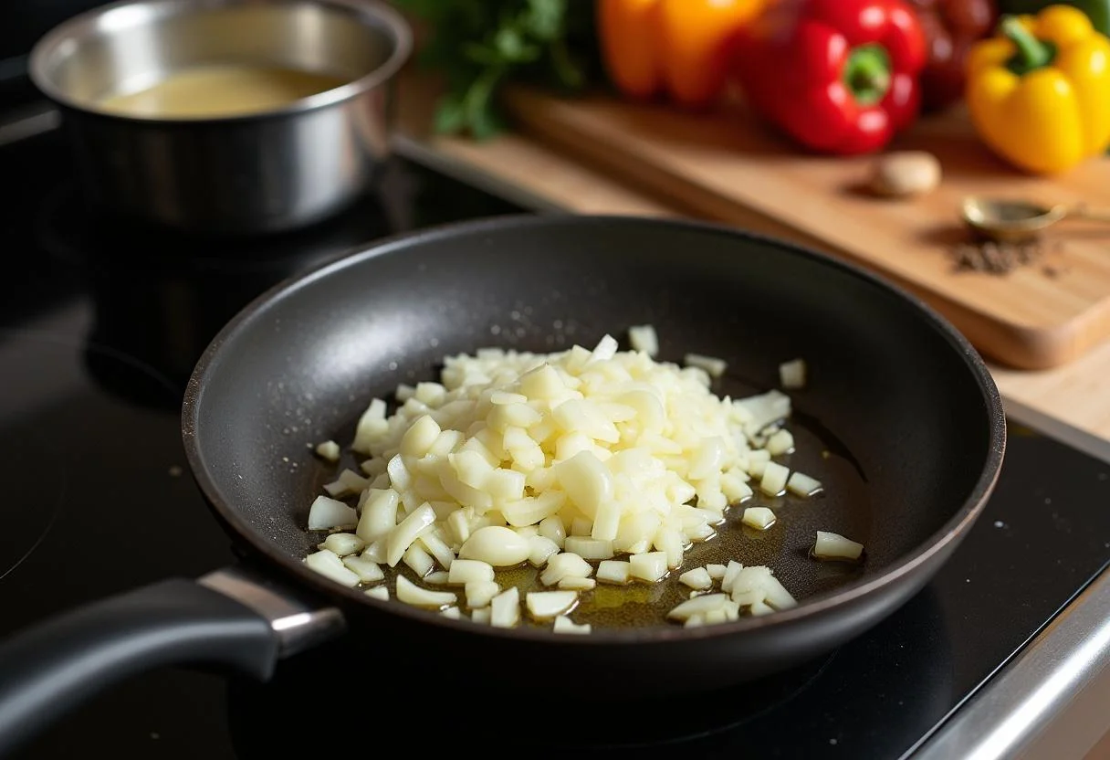 Zwiebeln und Knoblauch in einer Pfanne für das Reis Hackfleisch Rezept anbraten.