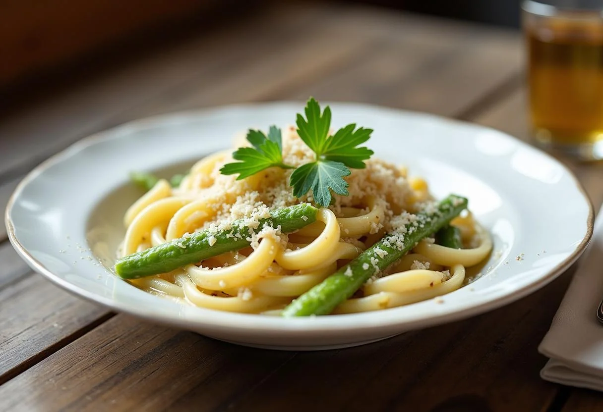 Fertige Schnelle Spargel Pasta mit Sahnesoße, perfekt für eine köstliche Mahlzeit.