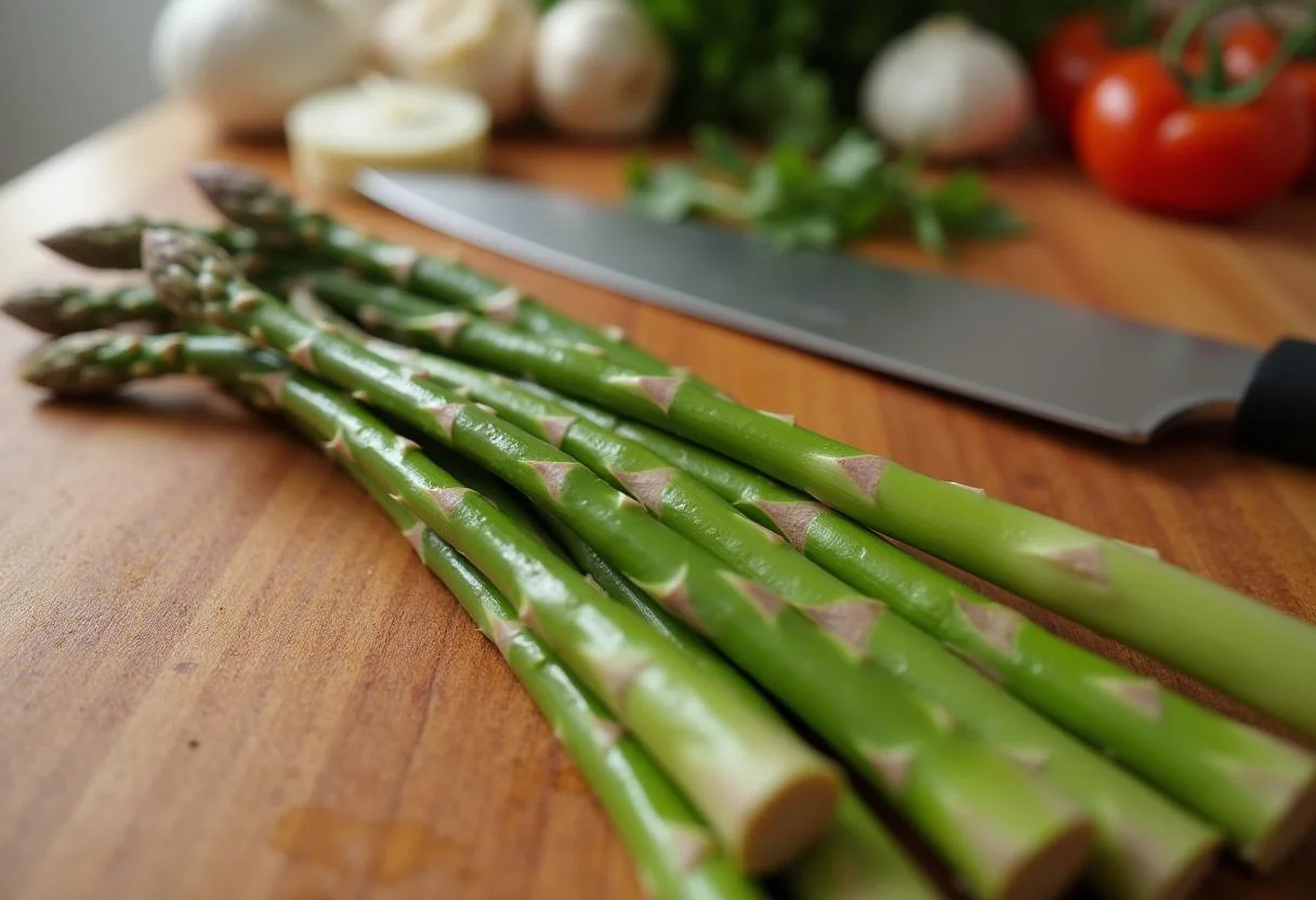 Frischer grüner Spargel wird für das Rezept 'Schnelle Spargel Pasta' vorbereitet.