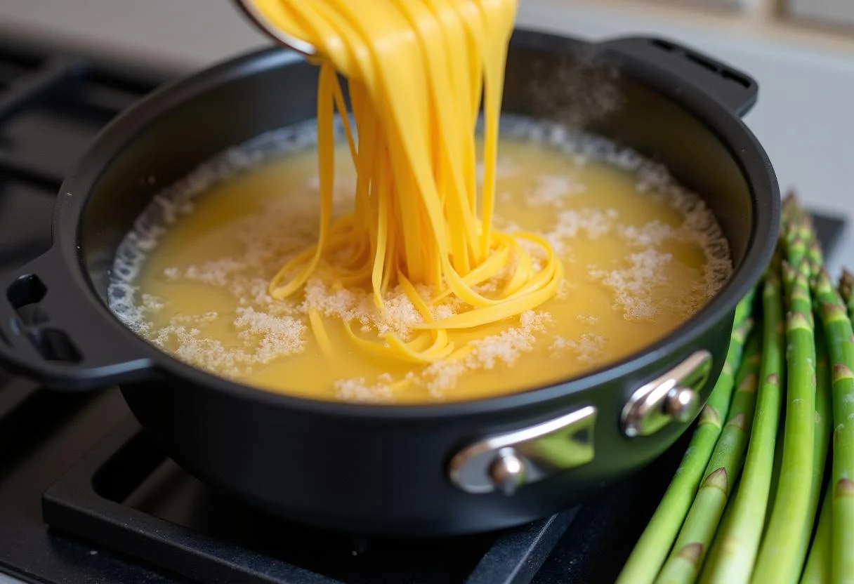 Pasta und grüner Spargel in kochendem Wasser für die Zubereitung von Schneller Spargel Pasta.