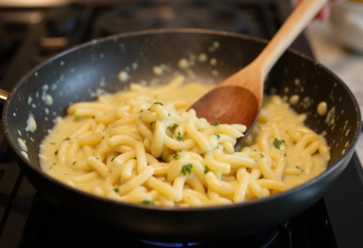 Sahnige Soße wird für die Schnelle Spargel Pasta zubereitet, bereit zum Vermengen mit der Pasta.
