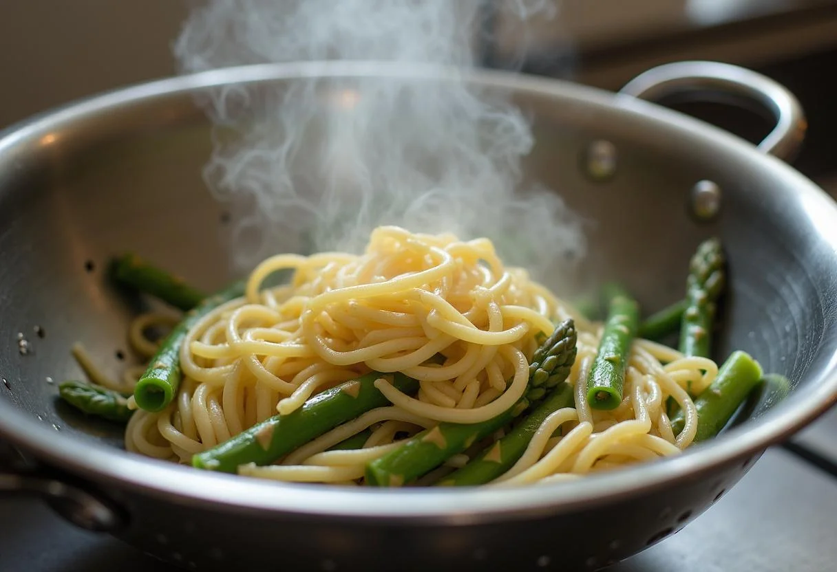 Abtropfen von gekochter Pasta und grüner Spargel für die Zubereitung von Schneller Spargel Pasta.