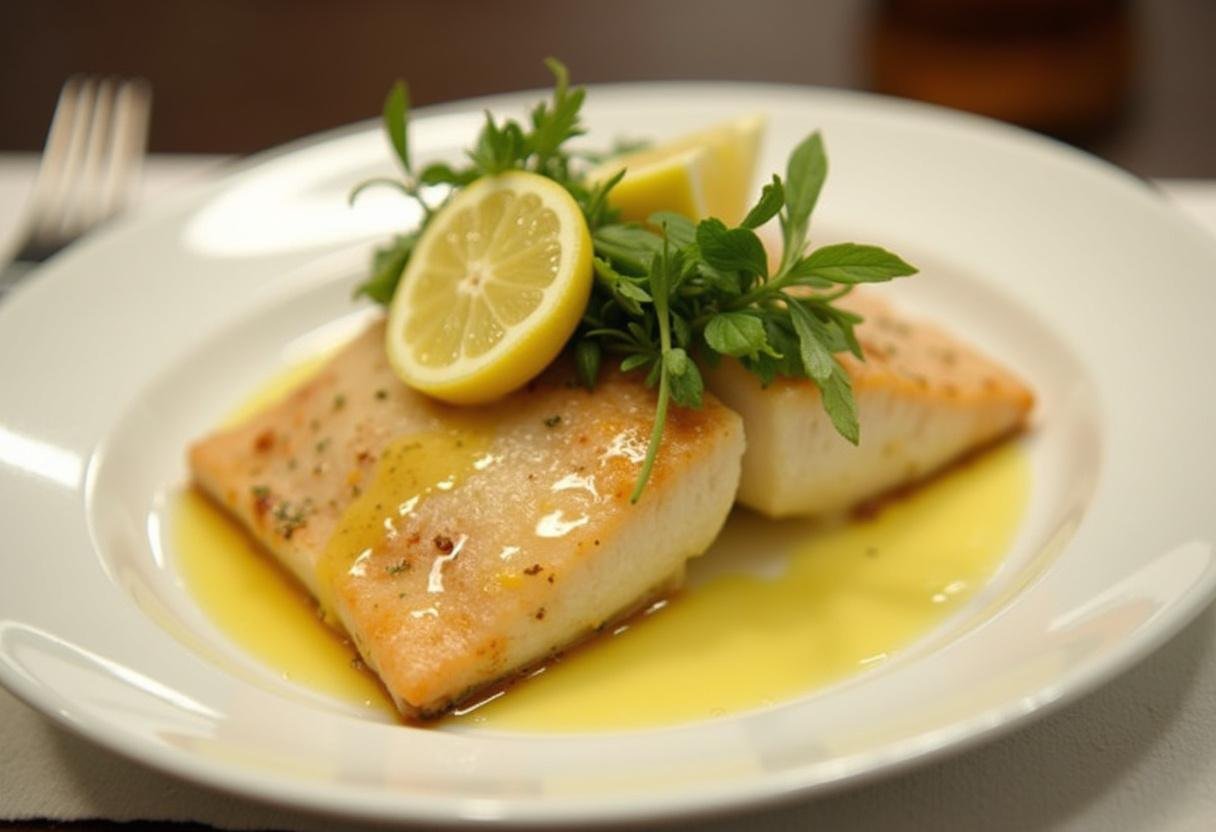 Plated fish with Zitronensauce fisch, garnished with lemon slices and herbs.