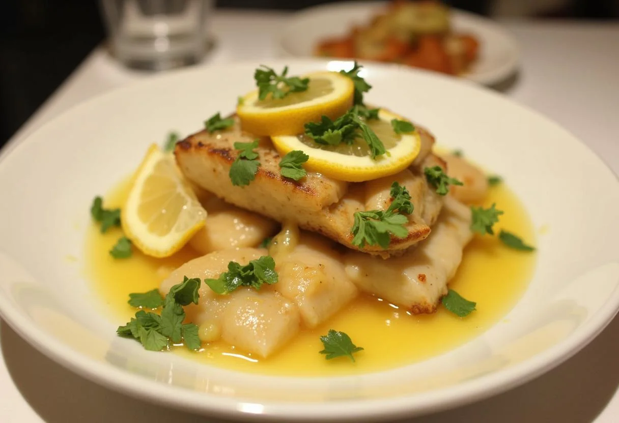 Plated fish with Zitronensauce fisch, garnished with lemon slices and herbs.