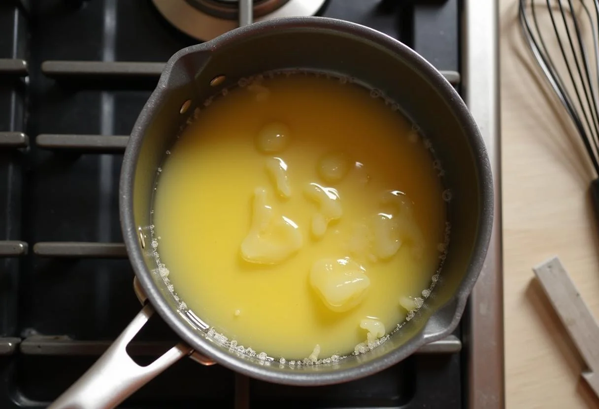 Melted butter in a saucepan ready for mixing into Zitronensauce für Fisch.