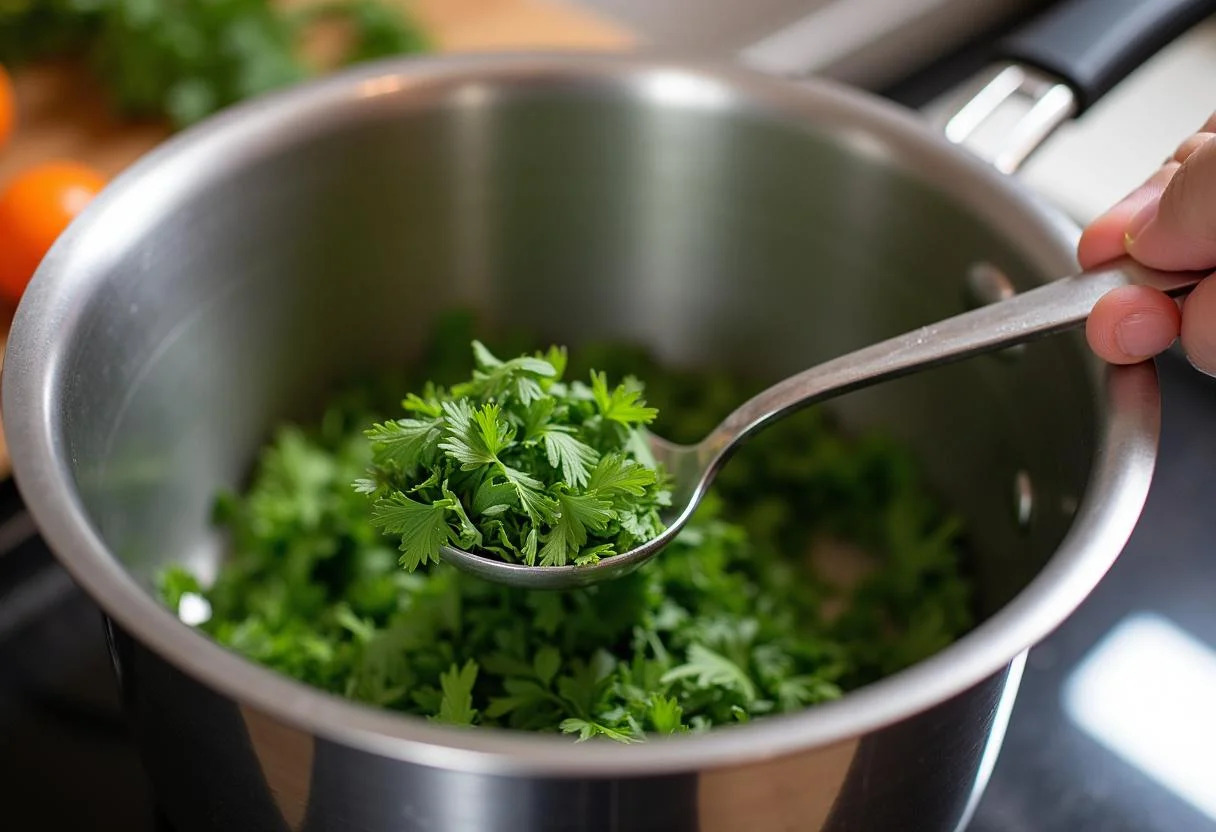 Fresh herbs measured for adding to Zitronensauce zu Fisch.