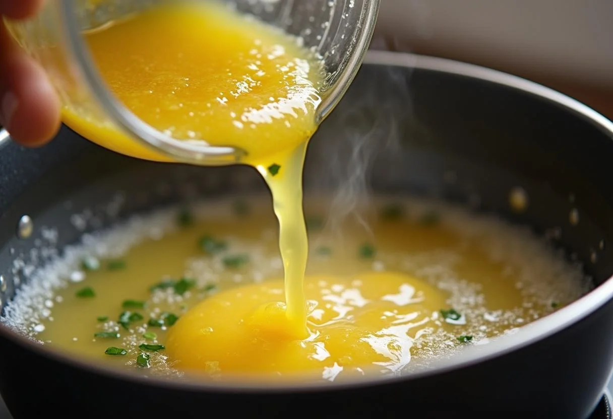 Lemon herb mixture being combined with melted butter for Zitronensauce für Fisch.