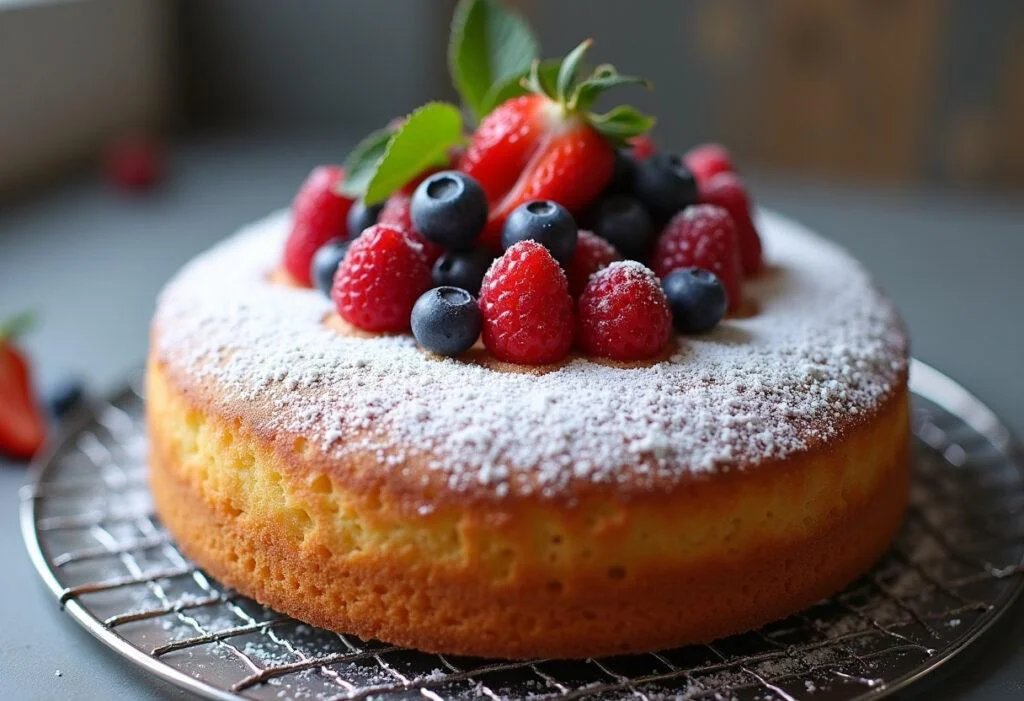 Fertiger schneller Kuchen aus dem Thermomix, garniert mit Puderzucker und Beeren.