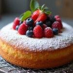 Fertiger schneller Kuchen aus dem Thermomix, garniert mit Puderzucker und Beeren.
