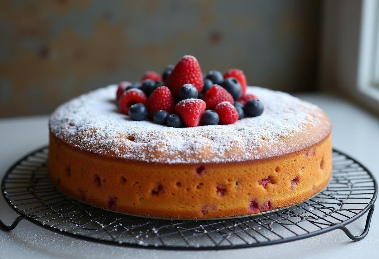 Fertiger schneller Kuchen aus dem Thermomix, garniert mit Puderzucker und Beeren.