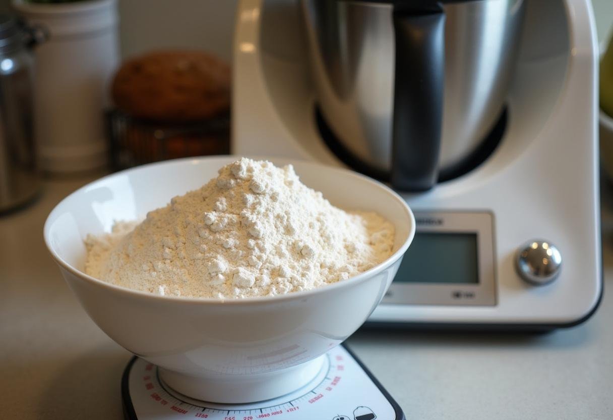 Zutaten für schnellen Kuchen im Thermomix, Mehl, Zucker und Backpulver vorbereitet.