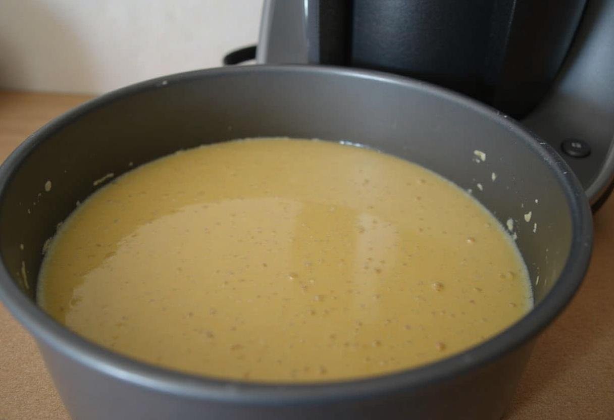 Kuchenform mit Teig für schnellen Kuchen bereit zum Backen im Thermomix-Stil.