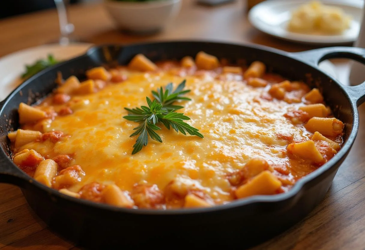 Finished noodle casserole with ham and cheese, perfect for a quick meal.