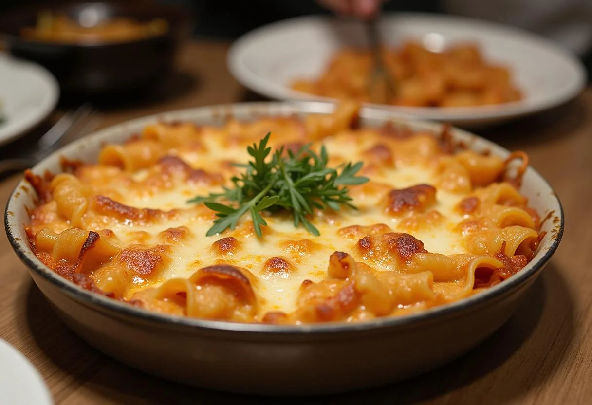 Fertiger Nudelauflauf mit Schinken und Käse, perfekt für eine schnelle Mahlzeit.