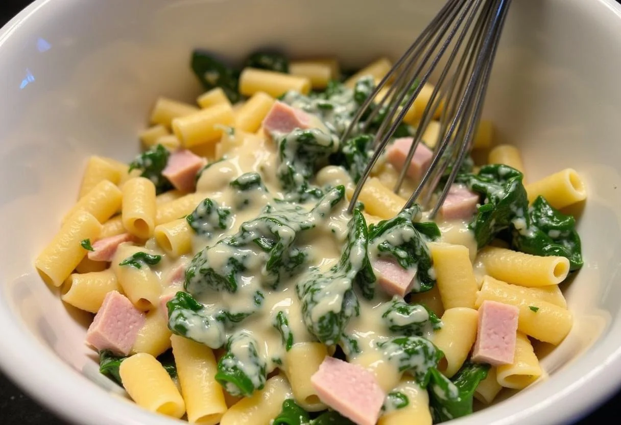 Mischen von Nudeln, Schinken und Spinat mit cremiger Käsesauce für einen Nudelauflauf.