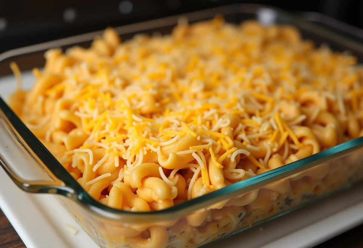 Auflaufform vorbereitet mit Nudelauflaufmischung, bedeckt mit Käse vor dem Backen.