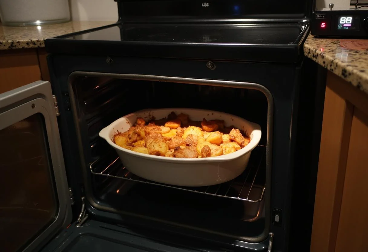 Auflauf wird zum Backen in den Ofen gestellt, ein Schritt bei der Zubereitung von Nudelauflauf.