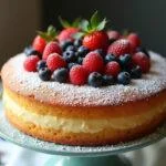 Fertiger Kuchen aus Quark Öl Teig, dekoriert mit frischen Früchten und Puderzucker, perfekt zum Servieren.