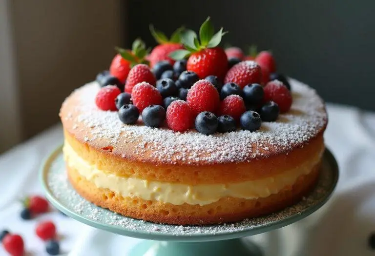 Fertiger Kuchen aus Quark Öl Teig, dekoriert mit frischen Früchten und Puderzucker, perfekt zum Servieren.