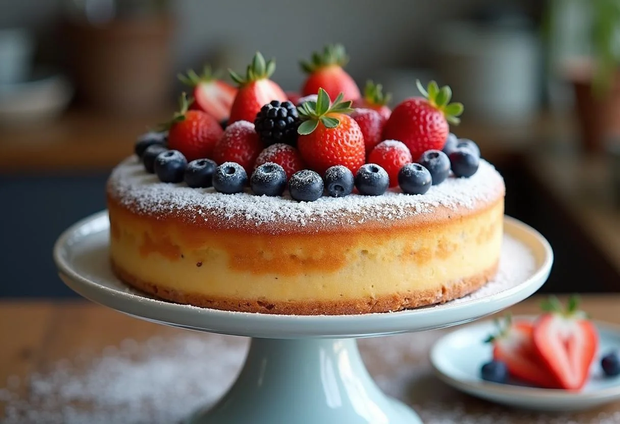 Fertiger Kuchen aus Quark Öl Teig, dekoriert mit frischen Früchten und Puderzucker, perfekt zum Servieren.