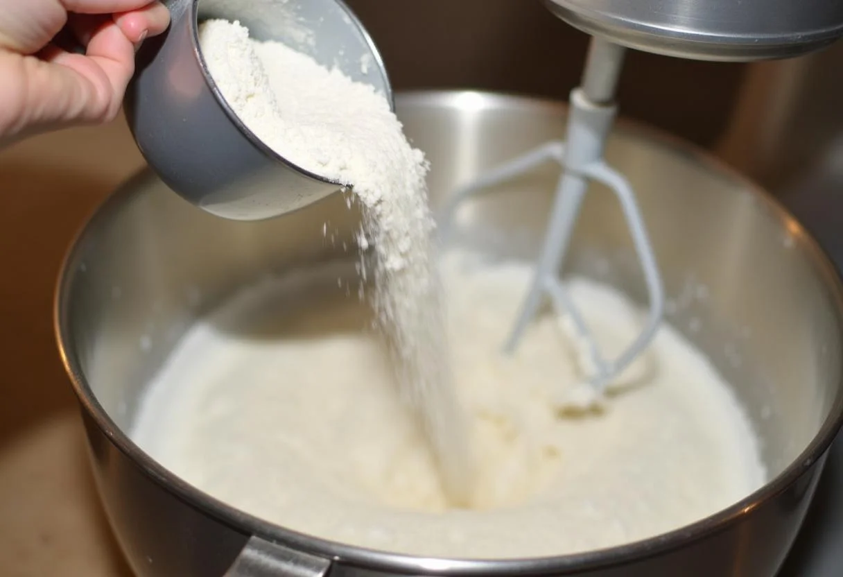 Mehl wird zum Quark Öl Teig für vielseitige Kuchen hinzugefügt.