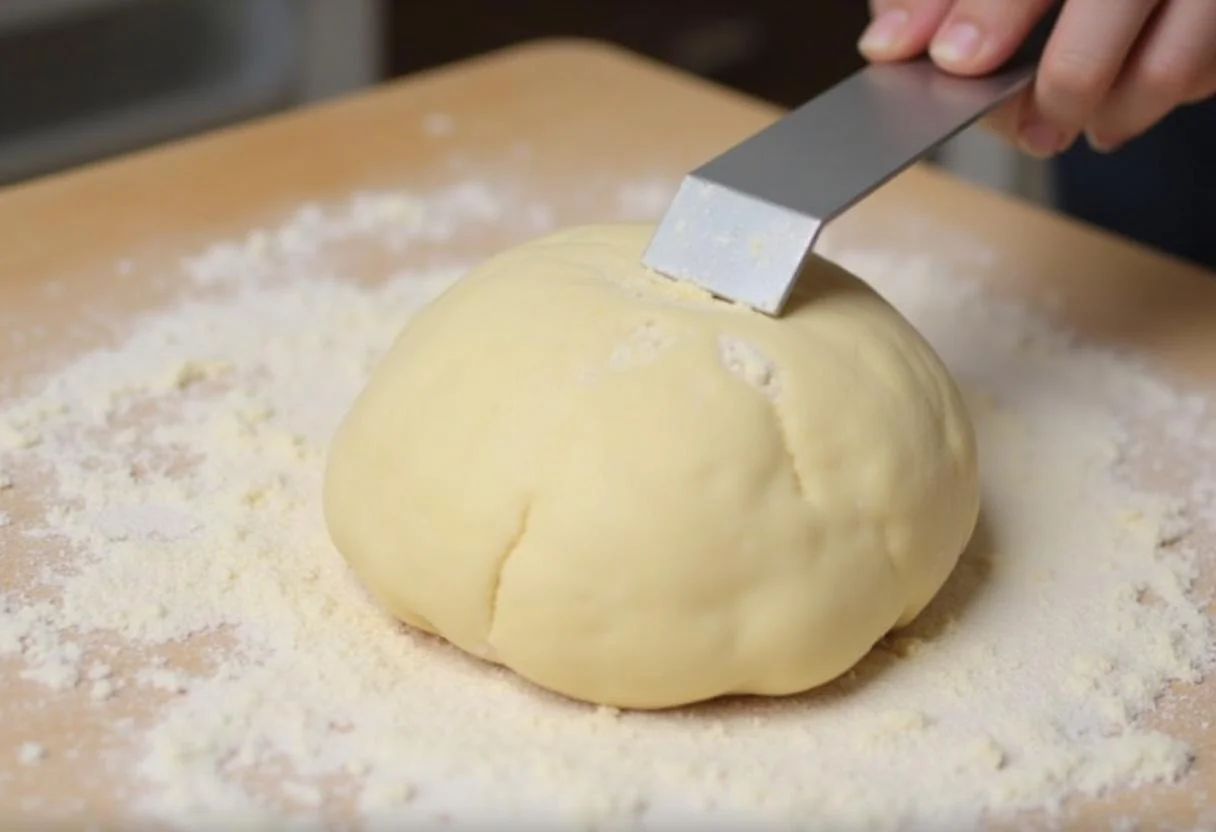 Teig aus Quark und Öl wird auf einer bemehlten Fläche für vielseitige Kuchen vorbereitet.