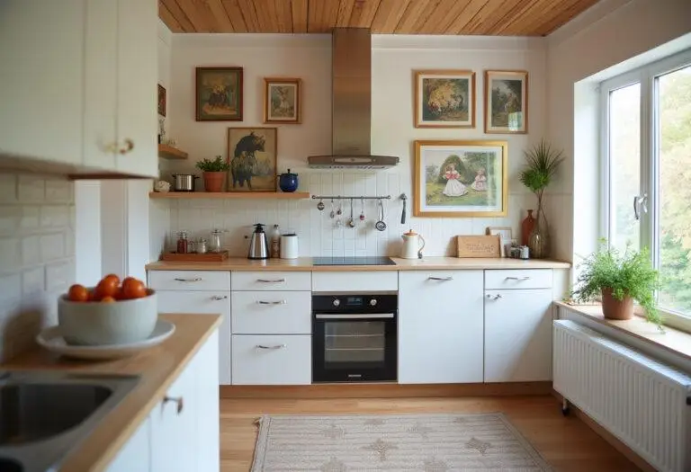 Fertig dekorierte Küche mit Bildern, die eine moderne und einladende Atmosphäre schaffen.