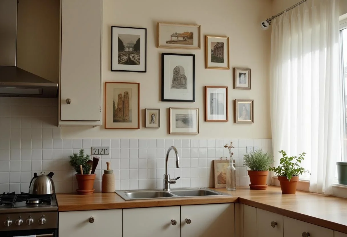 Fertig dekorierte Küche mit Bildern, die eine moderne und einladende Atmosphäre schaffen.