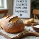 Fertige Tischdekoration für den Einzug mit Brot, Salz und einem Zitat über das neue Zuhause.